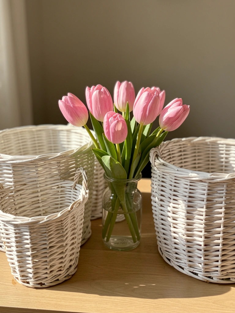 Três cestos de vime branco de tamanhos variados sobre superfície de madeira clara, com vaso de vidro e tulipas rosas ao centro, iluminados por luz natural.
