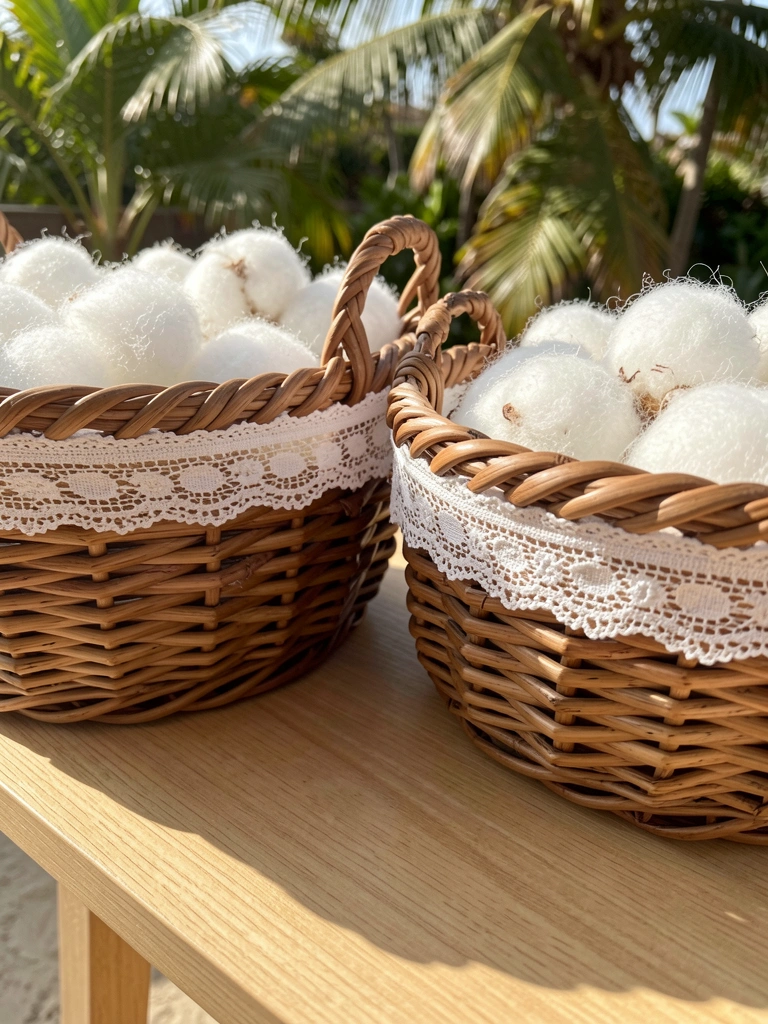 Cestos de vime natural com detalhes em renda branca sobre mesa de madeira clara, contendo algodão branco felpudo, luz natural de dia.