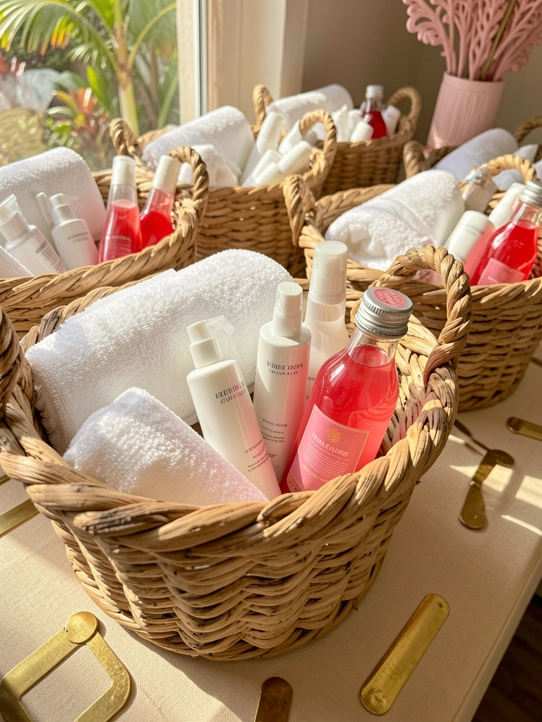 Cesta de vime rústica com toalhas brancas, frascos de vidro vermelho e produtos de skincare, luz natural e cestas ao fundo.