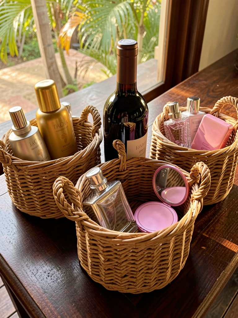 Cestos de rattan trançado em três tamanhos sobre mesa de madeira escura, com frascos de loção dourado, perfume prateado e espelho rosa, iluminados por luz natural