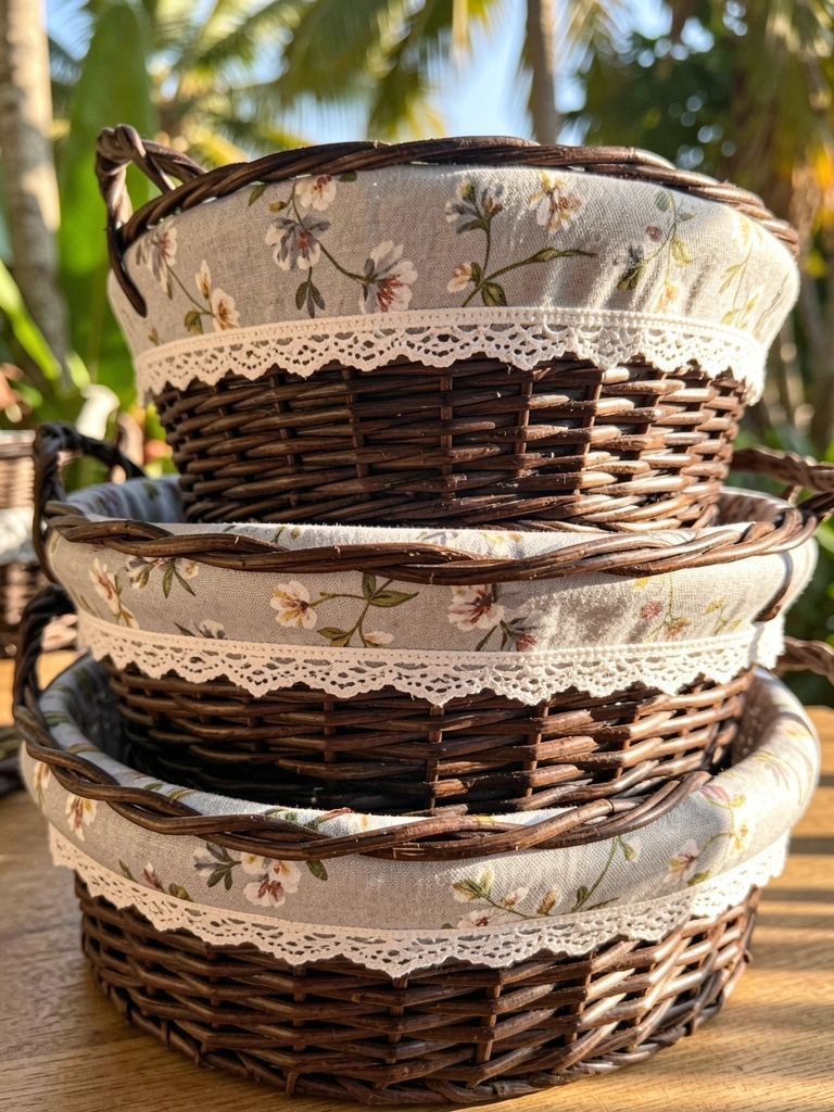 Três cestos de vime escuro empilhados com forros de tecido floral cinza claro e renda branca, luz natural e sombras suaves.