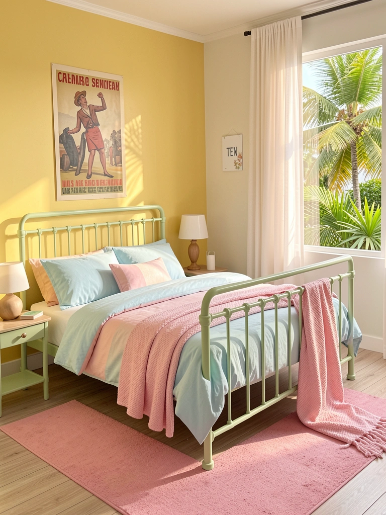 Cama de metal verde-claro com roupa de cama azul e rosa, parede amarela, pôster vintage, mesa de cabeceira com abajur, tapete rosa e manta rosa-claro, piso de madeira clara e luz natural filtrada.