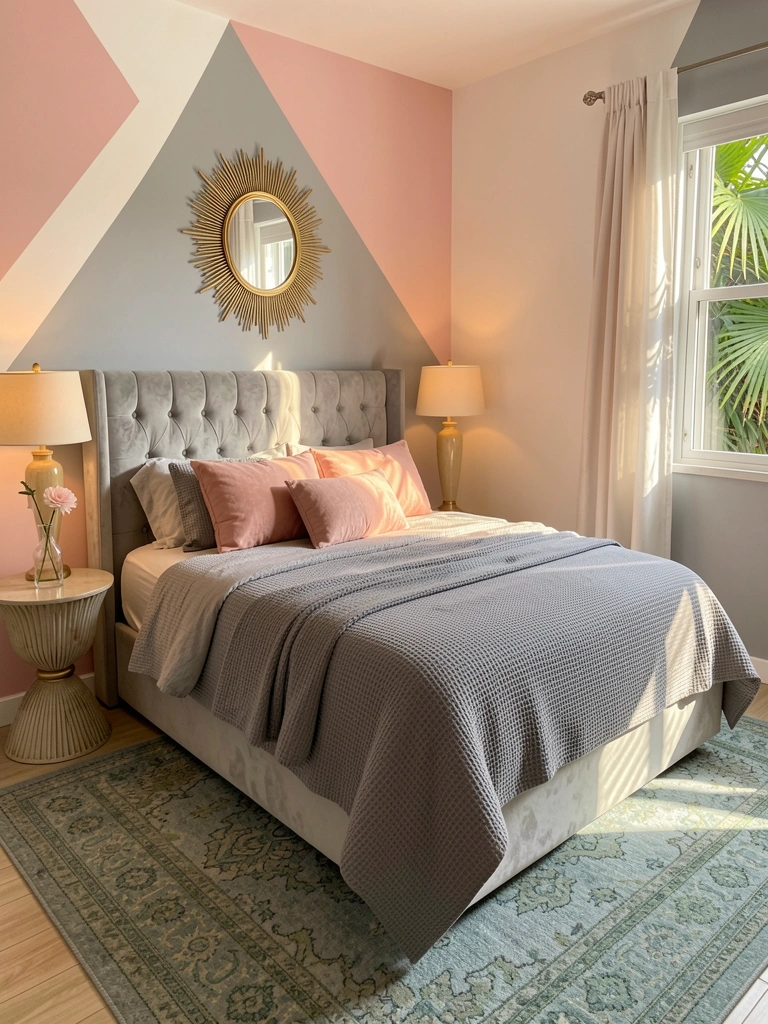 Cama com cabeceira cinza-claro aveludada, edredom texturizado e almofadas blush, espelho dourado com raios solares refletindo luz natural.