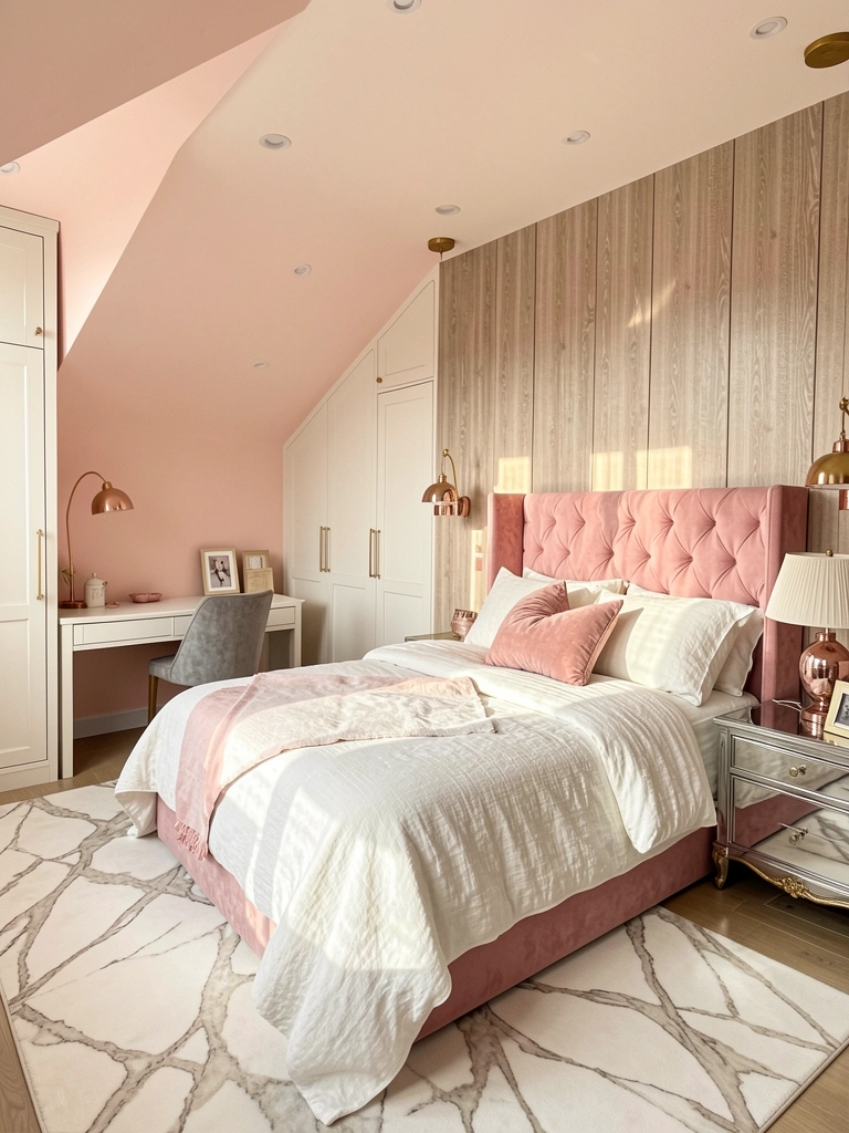 Cama com cabeceira acolchoada rosa, edredom branco, parede blush com painel bege texturizado e mesa lateral prateada com luminária.