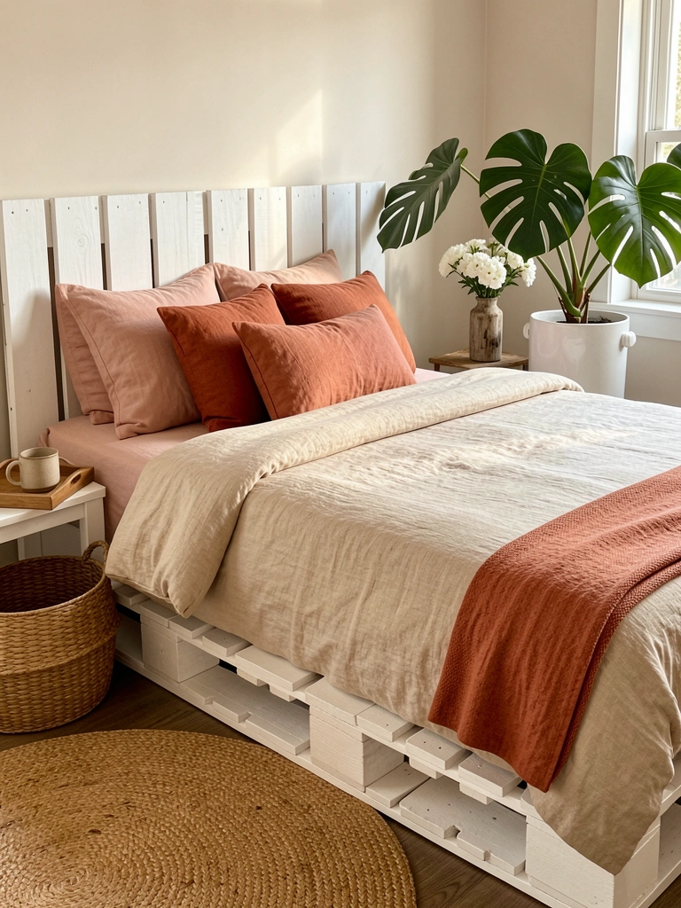 Cama com edredom bege e almofadas em blush e terracota, bandeja de madeira com caneca sobre criado-mudo, cesto de vime e vaso de Monstera ao lado, luz natural.
