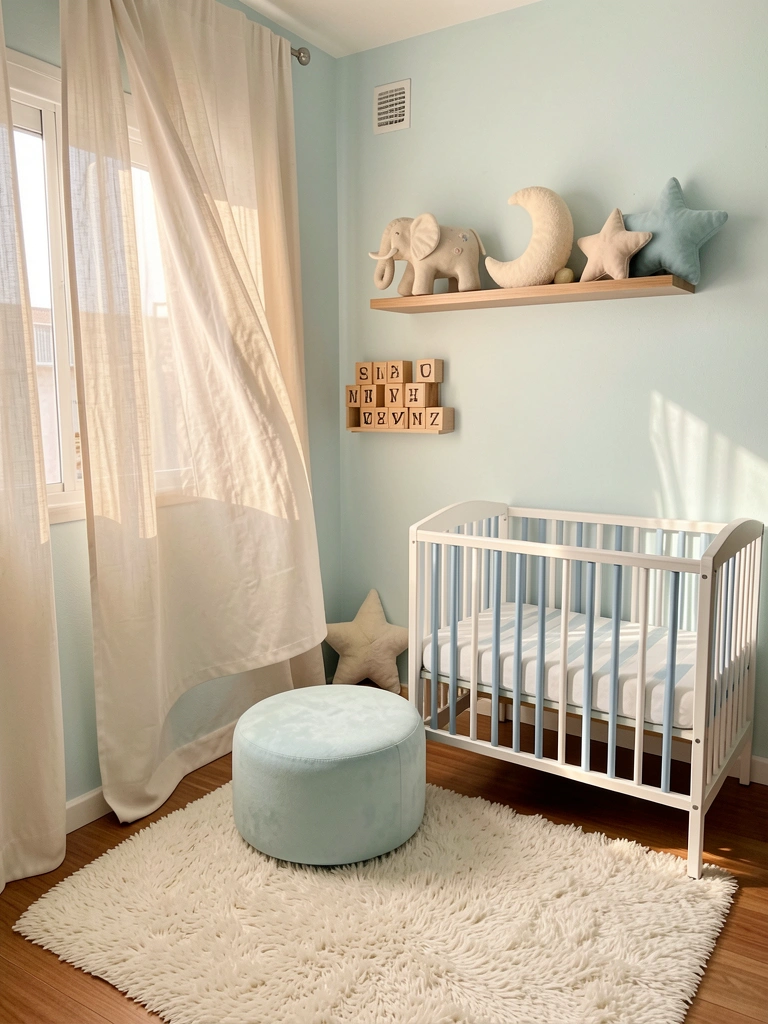 Quarto infantil com parede azul claro, tapete felpudo branco, berço listrado e prateleira com elefante de cerâmica, luz natural e cortinas ao vento.