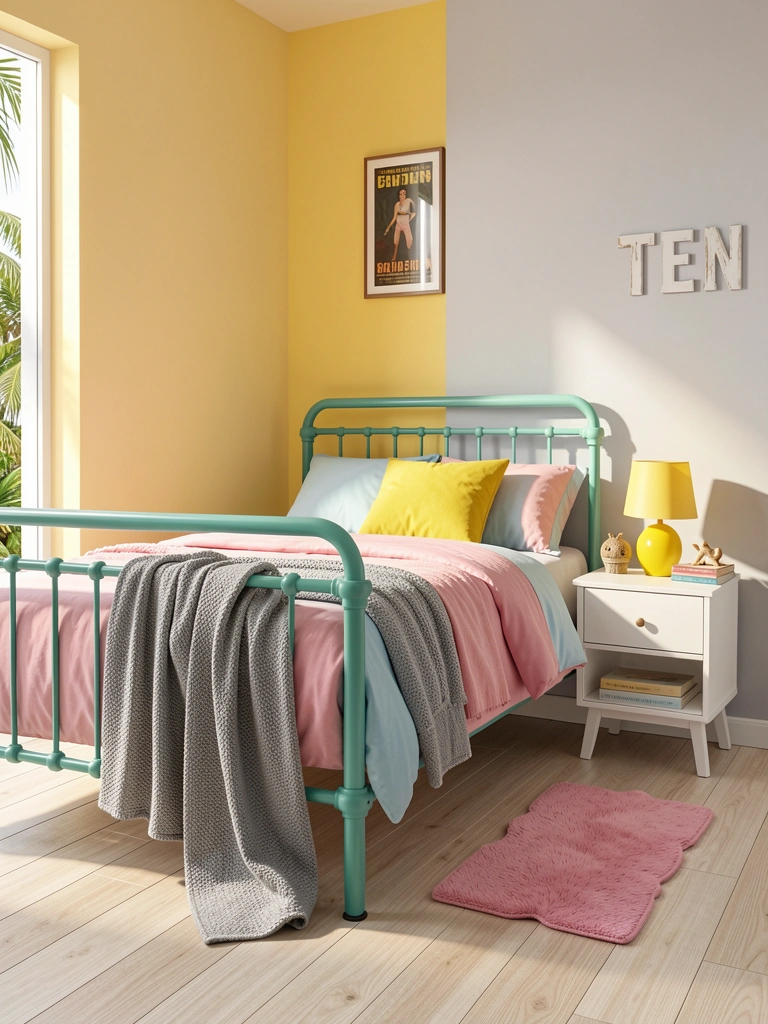 Cama de metal teal com edredom rosa e azul claro, parede amarela ao fundo e mesa lateral com gaveta branca e abajur amarelo sob luz natural.