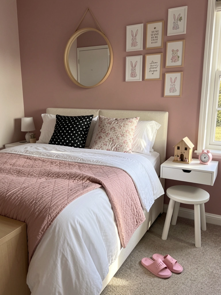 Cama queen-size com lençóis brancos e edredom rosa blush, almofadas com estrelas e florais, mesa lateral branca com mini casa de madeira e relógio rosa, chinelos no chão, luz natural.