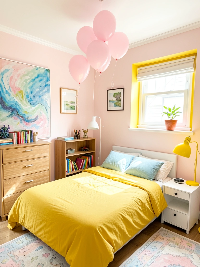 Cama com edredom amarelo e almofadas azuis claras, parede rosa pálido e pintura abstrata com tons de azul, verde e rosa.
