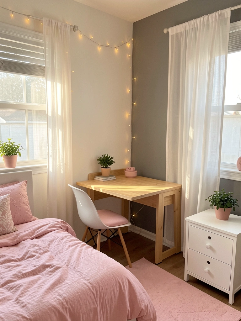 Luz natural suave incide sobre escrivaninha de madeira clara com vaso de planta, cama com edredom rosa e almofadas, e cortina branca translúcida sobre parede cinza.