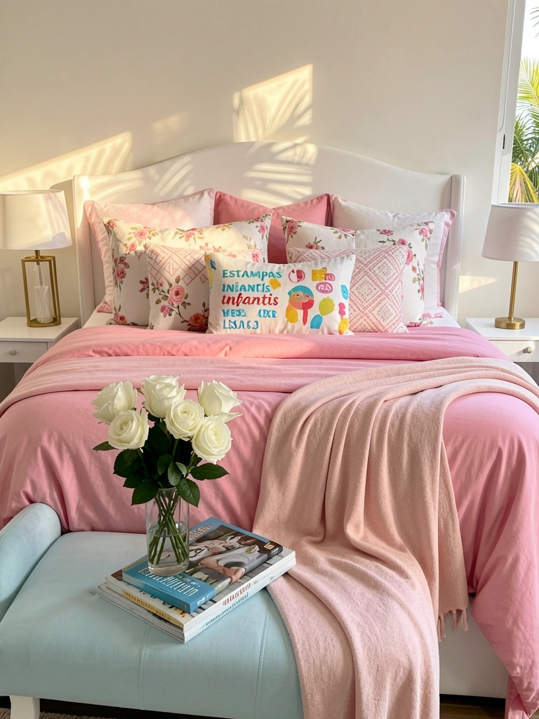 Cama branca com edredom rosa fofo e almofadas estampadas, banco azul claro com vaso de rosas brancas e livros, luz natural suave.