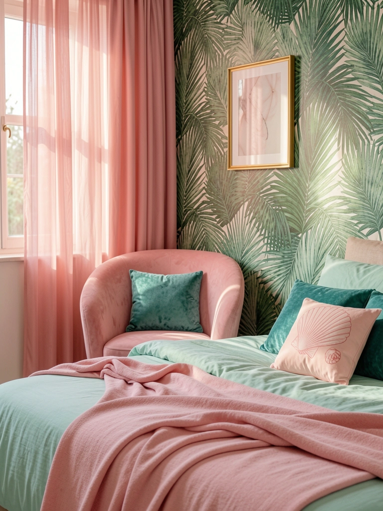 Poltrona rosa estofada com encosto curvo à frente de papel de parede verde com folhas de palmeira, cama com edredom azul e rosa e almofadas de veludo, luz natural filtrada por cortinas rosas.