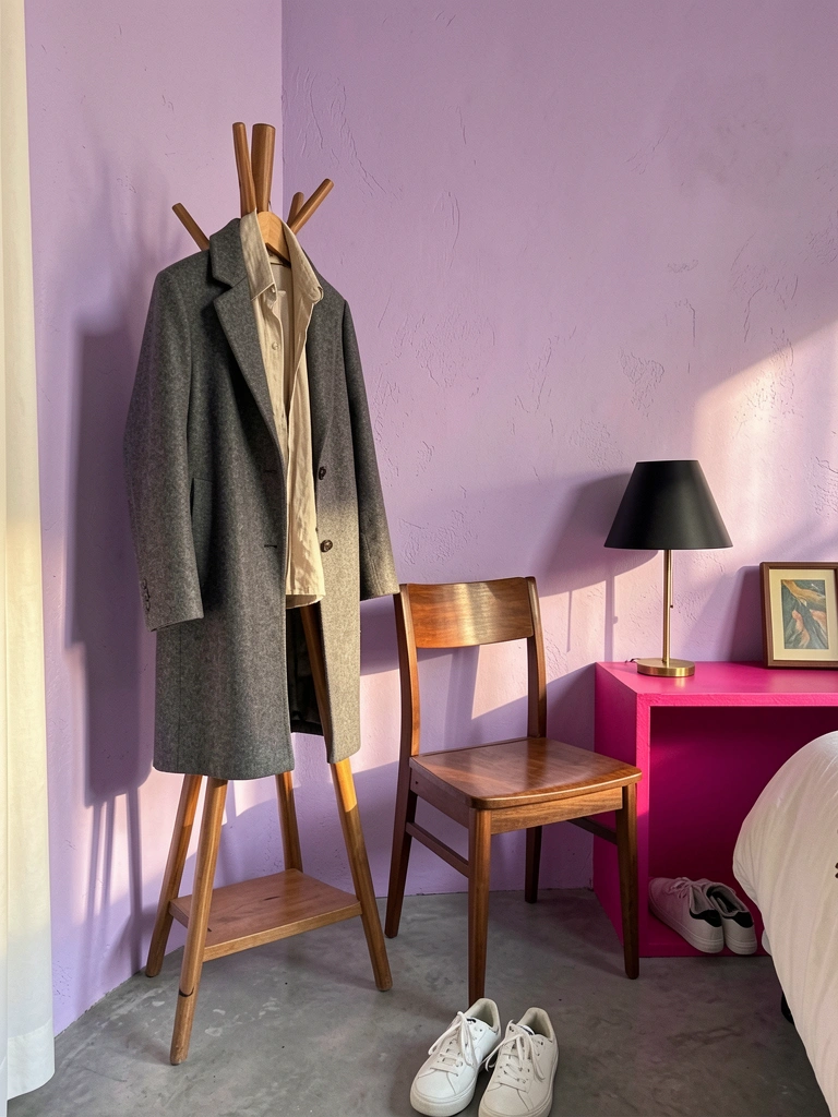 Casaco de lã cinza e camisa de linho bege pendurados em cabideiro de madeira, parede lavanda texturizada, cadeira anos 50 e sapato branco no chão de concreto.