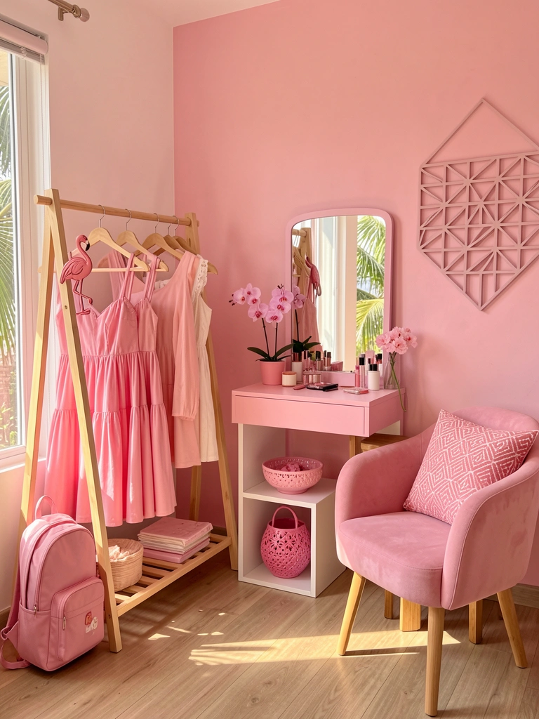 Armário de roupas de madeira clara com vestido rosa e flamingo decorativo, penteadeira rosa com espelho e itens de maquiagem, poltrona rosa e prateleira cubo branca, luz natural do dia.