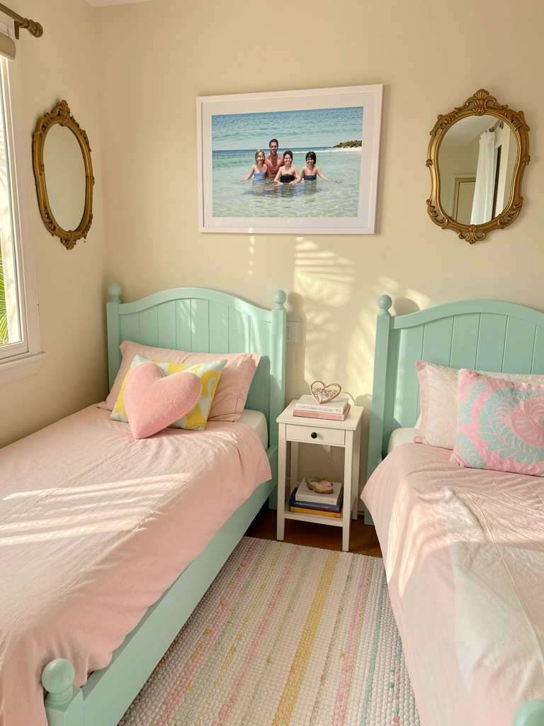 Cama com cabeceira turquesa e roupa de cama rosa, travesseiro de coração e almofada estampada, mesa de cabeceira com livros e luz natural filtrada.