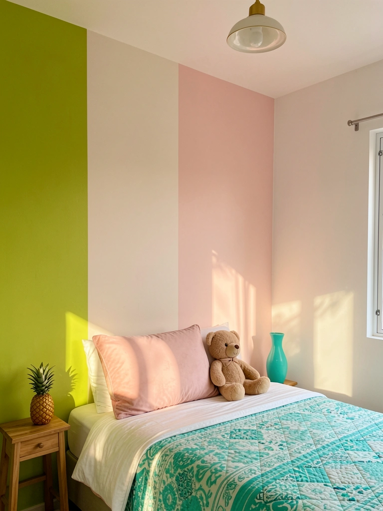 Parede pistache ao lado de parede rosa claro, cama branca com colcha turquesa e urso de pelúcia, luz natural entrando pela janela.