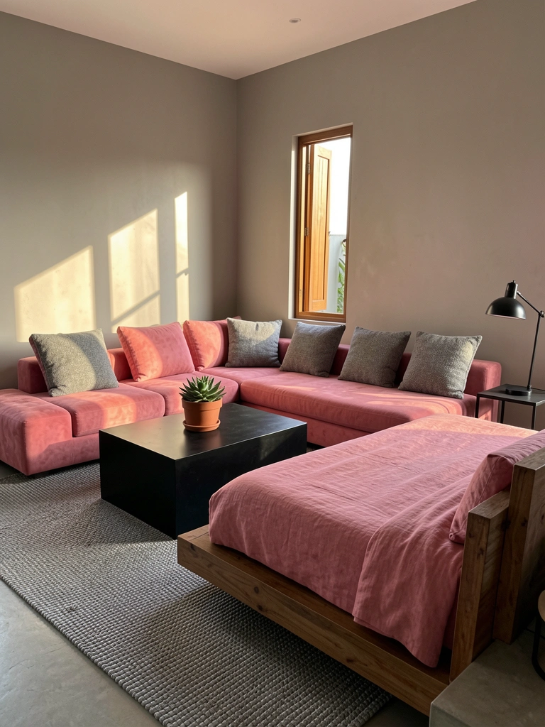Luz natural incide sobre sofá rosa texturizado e mesa preta com suculenta, cama com edredom rosa e cabeceira de madeira ao fundo, tapete cinza.