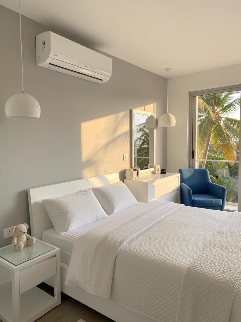 Parede cinza claro, ar-condicionado branco vertical, cama branca com colcha acolchoada, criado-mudo de vidro com pelúcia, poltrona azul, luz natural.