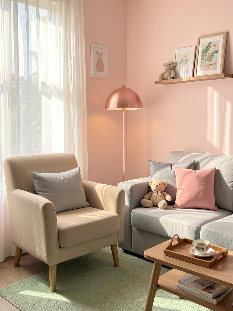 Poltrona bege com almofada cinza claro ao lado de sofá cinza com almofada rosa, ursinho sobre o sofá, cortina branca e estante de parede com quadros, luz natural e abajur rosa dourado.