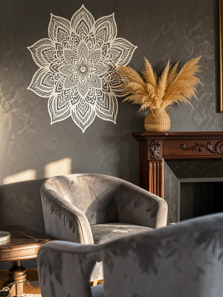 Mandala branca em parede texturizada cinza escuro, poltrona de veludo cinza, cestaria com pampas secos no aparador, luz natural suave.