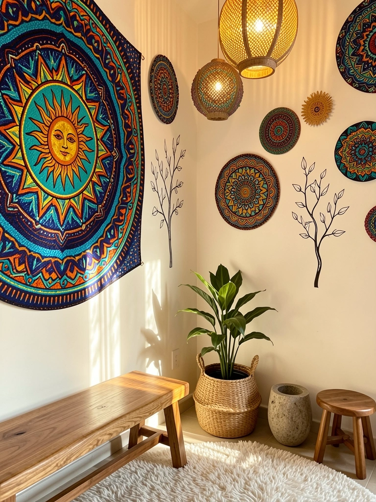 Mandalas coloridas em parede off-white, com detalhe em ouro, azul e laranja; banco de meditação de madeira e tapete branco felpudo em primeiro plano.