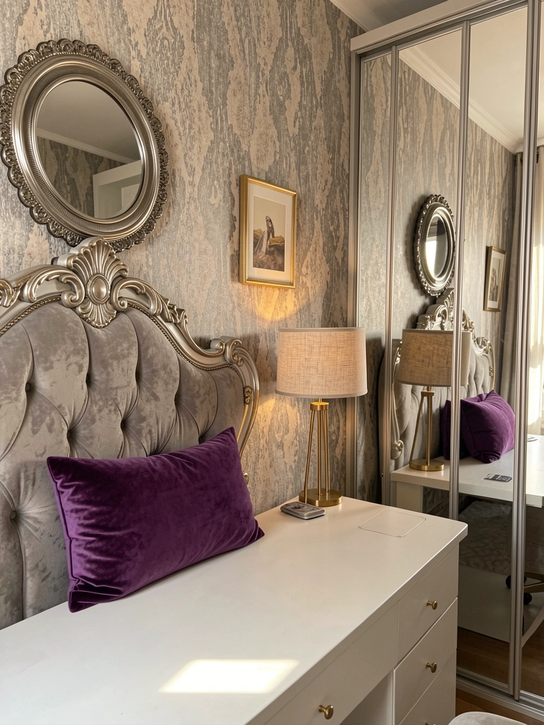 Cabeceira ornamentada com almofada de veludo roxo, parede texturizada em cinza e bege, espelho circular com moldura metálica e luz natural suave.