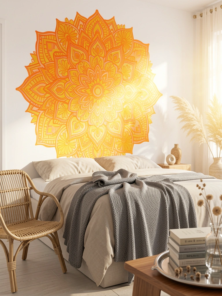 Mural de mandala laranja e amarelo na parede, cama bege com manta cinza, cadeira de rattan e mesa com livros e vaso seco.