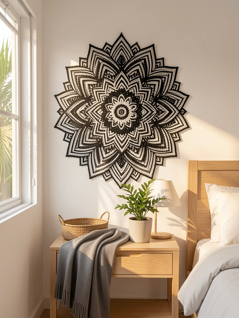 Mandalá preto e branco em crochê pendurada na parede branca, com mesa lateral, cesto, vaso e cama de madeira clara sob luz natural difusa.
