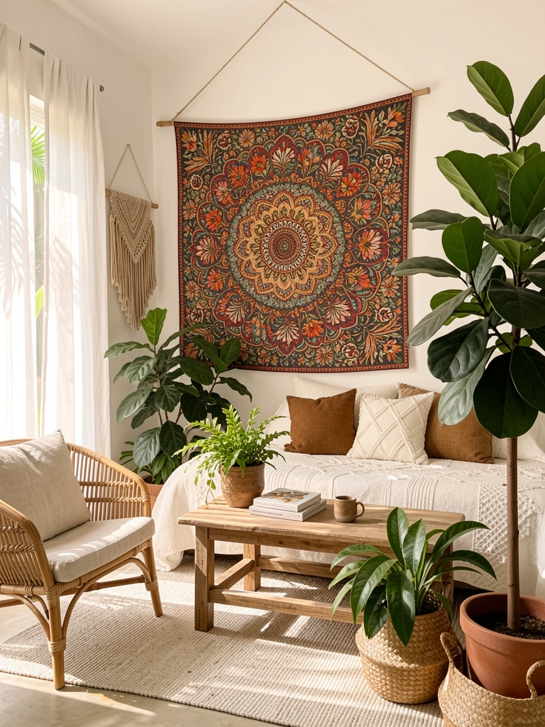 Mandalas suspensa por corda de juta sobre mesa rústica com livros e caneca, plantas em cestos e cadeira de vime à luz natural.