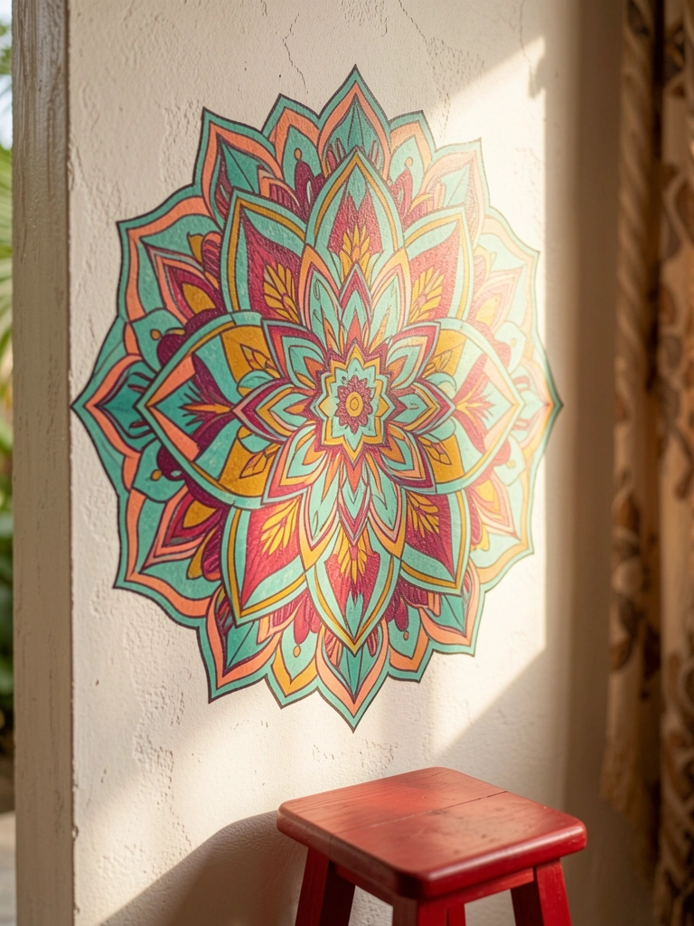 Mandalas geométricas em turquesa, coral, mostarda e magenta sobre parede texturizada branca, banco vermelho à frente, luz natural suave.
