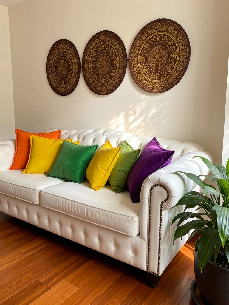 Sofá branco com capitonê e almofadas coloridas sob painéis decorativos marrom e dourado, planta à direita, luz natural difusa.