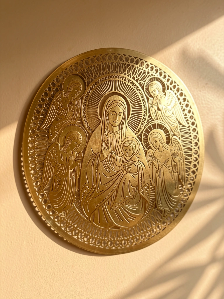 Arte de parede circular em metal dourado com recorte laser da Virgem Maria e anjos, luz natural filtrada e parede bege desfocada ao fundo.
