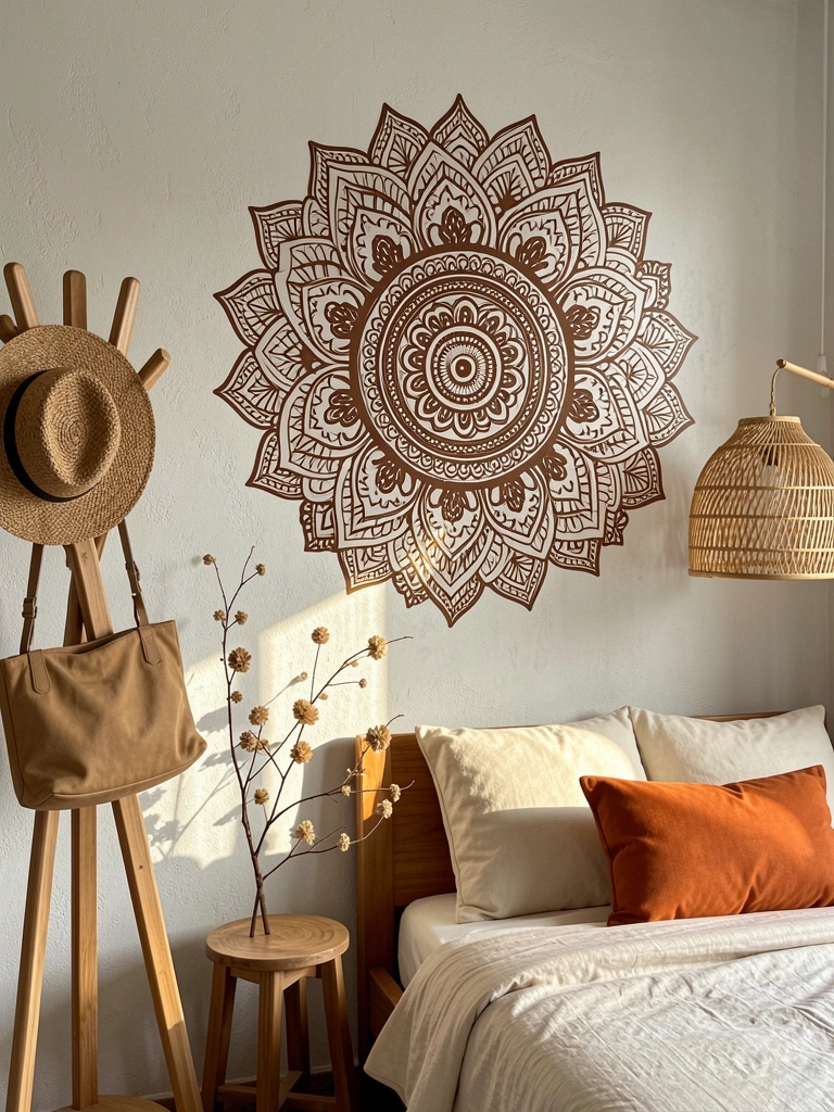 Mandalas marrons em parede texturizada, chapéu e bolsa pendurados em cabideiro de madeira, almofadas creme e laranja em cama de madeira, abajur de vime com cesto de bambu.