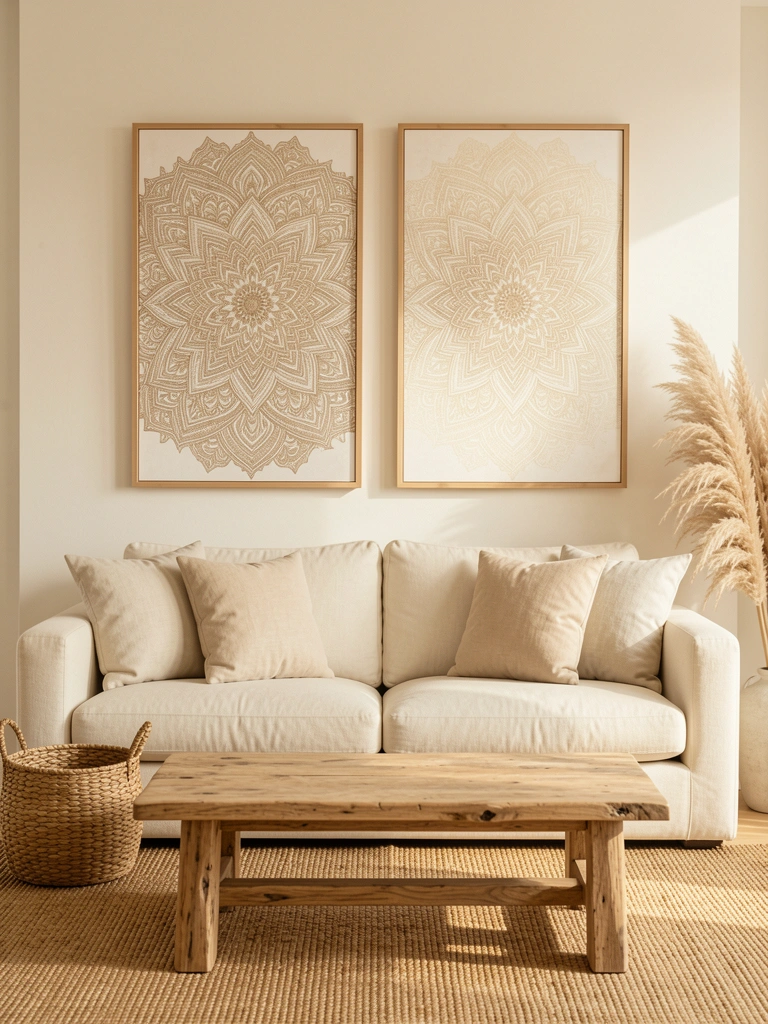 Luz natural incide sobre dois quadros de mandalas em tons de bege sobre sofá creme com almofadas, mesa rústica e cesto de vime ao lado.