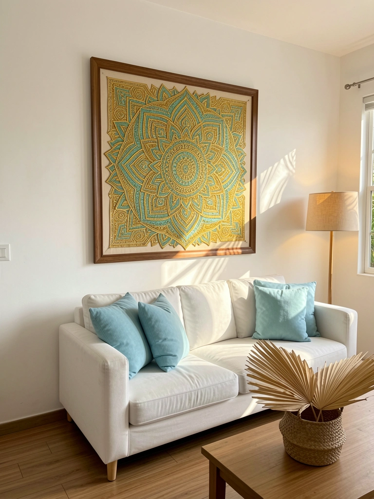 Mandalas douradas e turquesas em moldura de madeira sobre parede branca, sofá branco com almofadas azuis, cesto de palha e luminária bege.