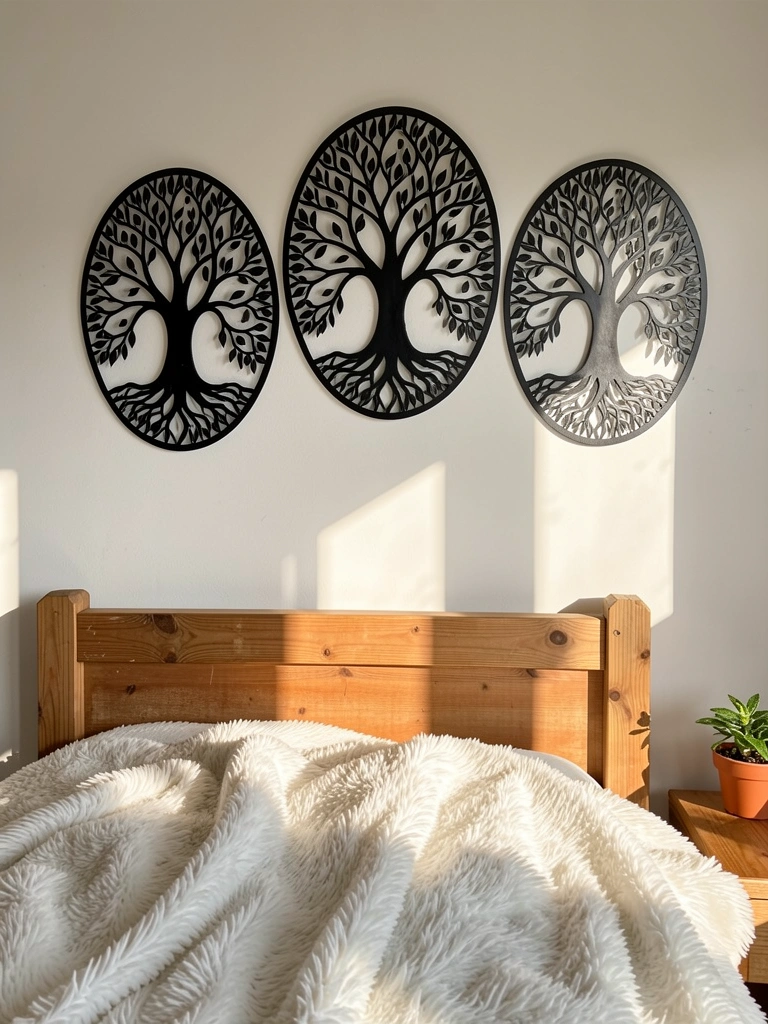 Três quadros metálicos pretos com design de árvore da vida acima de cama de madeira com coberta branca felpuda, vaso de planta sobre mesa lateral, luz natural do dia.