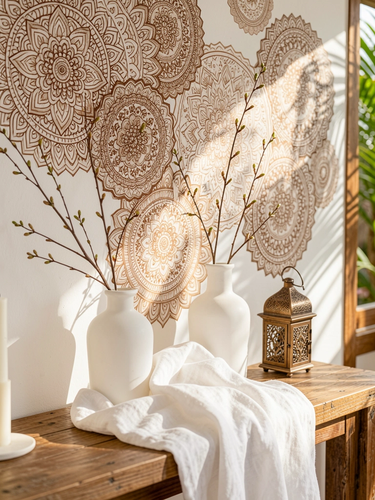 Mandalas bege e marrom sobre parede branca, vaso branco com velas sobre cômoda rústica de madeira, lanterna de bronze ao lado, luz natural macia.