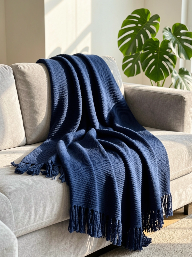 Manta azul-marinho com textura listrada e franjas sobre sofá cinza claro, folha de Monstera ao fundo, luz natural suave.