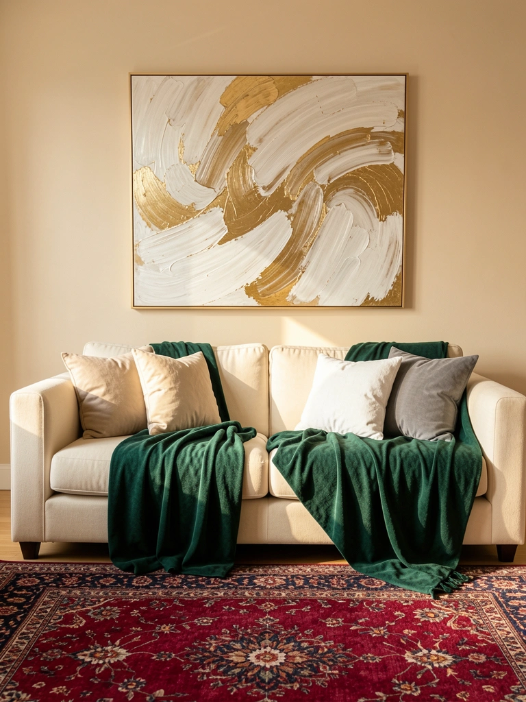 Luz natural incide sobre pintura abstrata dourada e branca, sofá creme com manta verde-esmeralda e almofadas bege, branca e cinza, tapete persa vermelho de padrão floral.
