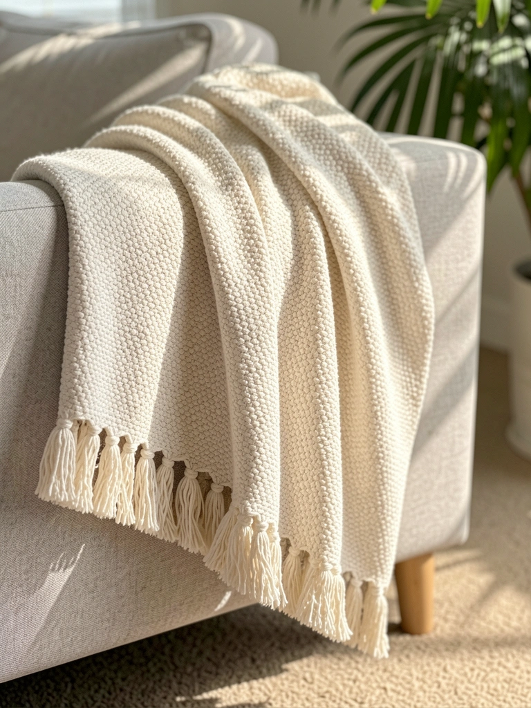 Manta de crochê off-white com franjas sobre sofá cinza claro, luz natural filtrada por planta verde ao fundo.