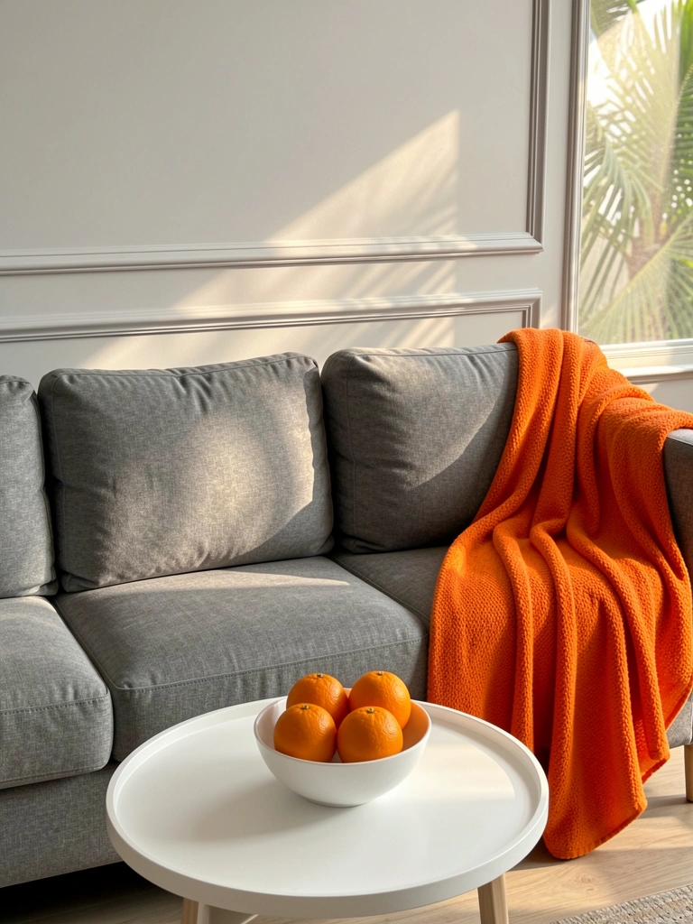 Sofá cinza com almofadas grossas, manta laranja vibrante e mesa redonda branca com tigela de laranjas, luz natural suave.