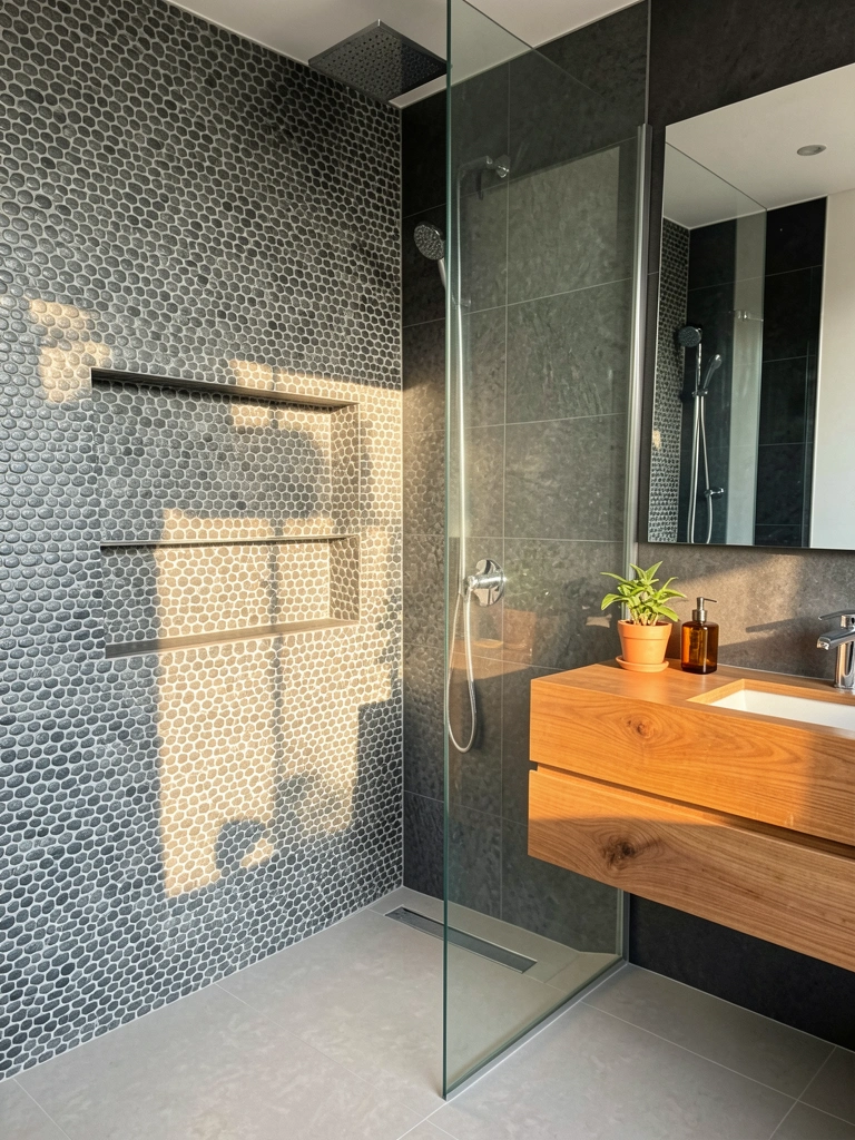 Parede de chuveiro com pastilhas de pedrisco cinza escuro, bancada flutuante de madeira com torneira cromada e saboneteira âmbar, vaso de planta e azulejos claros no piso, luz natural do dia.