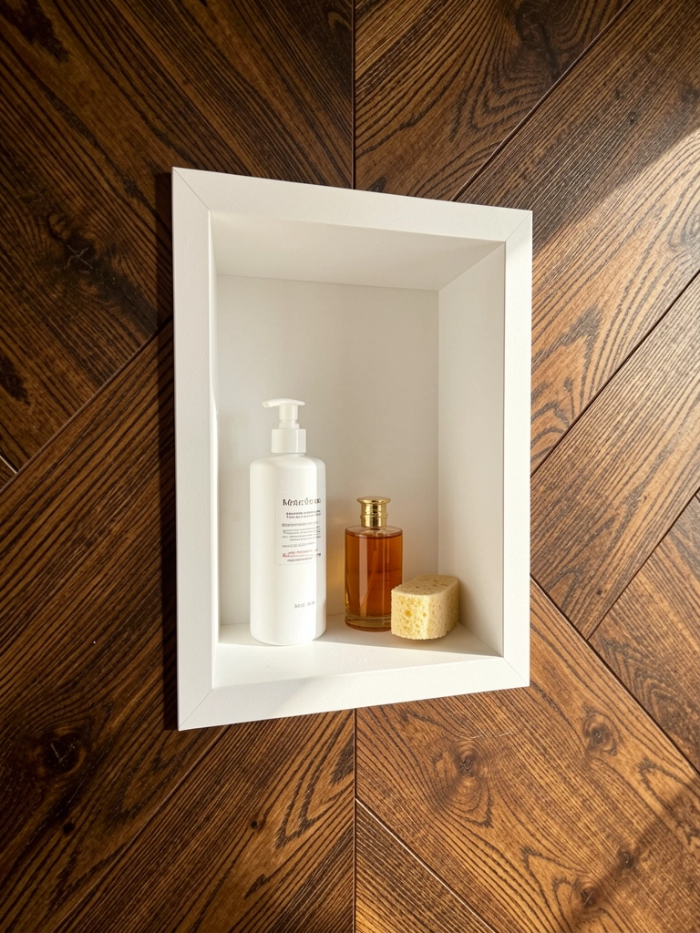 Prateleira embutida branca em parede de madeira escura com padrão chevron, contendo frasco de loção branco, perfume âmbar e esponja natural, iluminação natural.