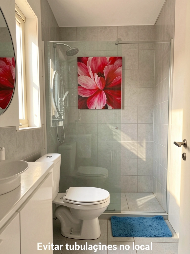 Vaso sanitário branco sob box de vidro que reflete pintura floral vermelha e rosa, piso com tapete azul claro e luz natural da janela.