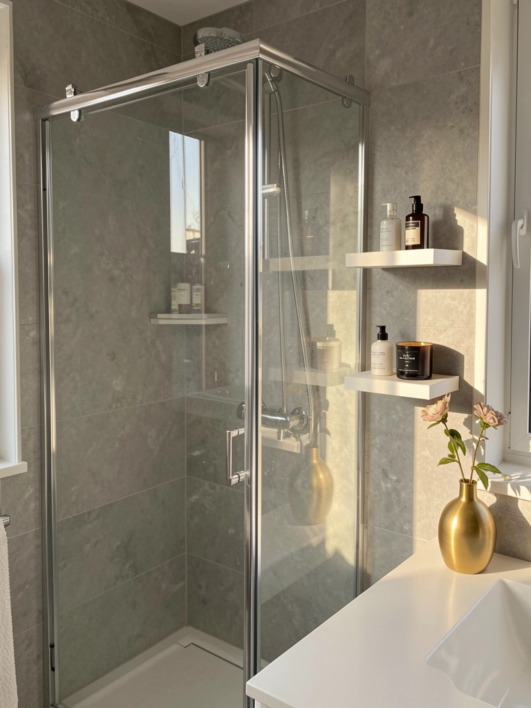 Vaso dourado com uma flor sobre bancada branca reflete na porta de vidro do box, com prateleiras flutuantes e frascos de skincare.
