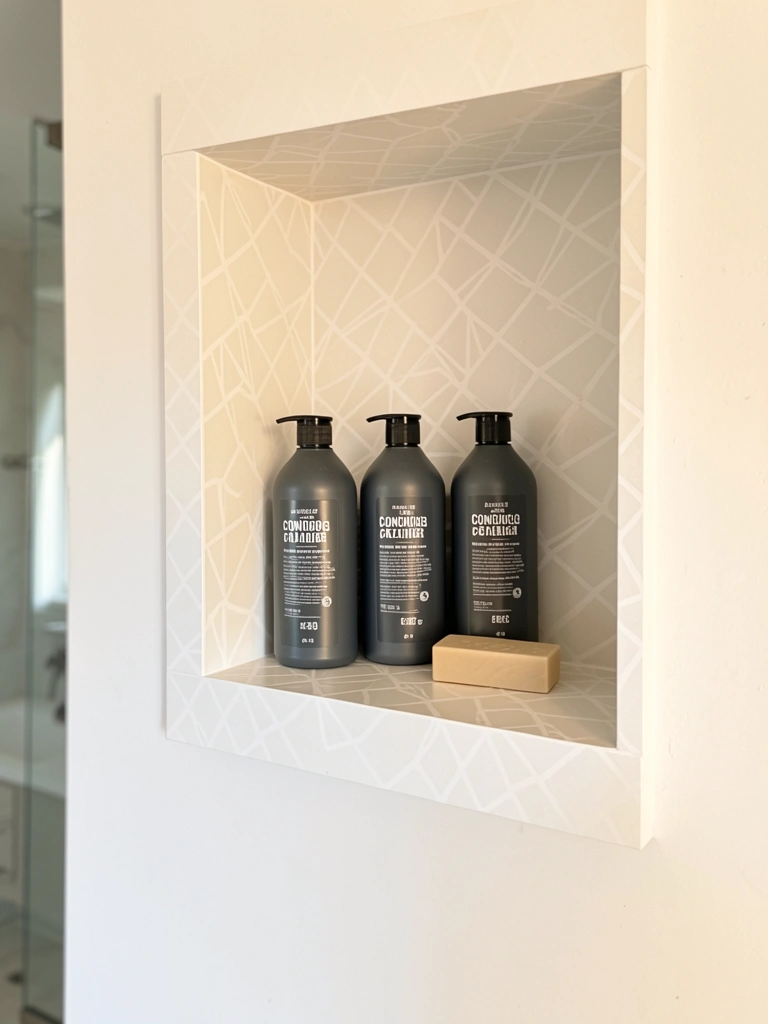 Prateleira branca com padrão geométrico em banheiro moderno, três frascos cinza-escuros de shampoo e sabonete bege, luz natural suave.