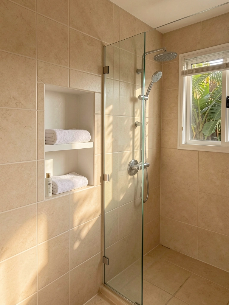 Prateleira embutida branca com toalhas dobradas e frasco de shampoo, azulejos bege claro, box de vidro e chuveiro cromado vertical, luz natural suave e janela com persiana.
