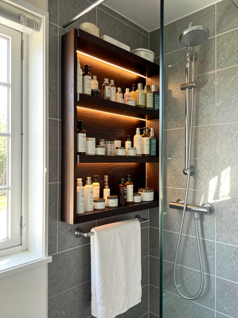 Prateleira escura com frascos de skincare iluminados por LED, azulejos cinza e box de vidro com chuveiro cromado.