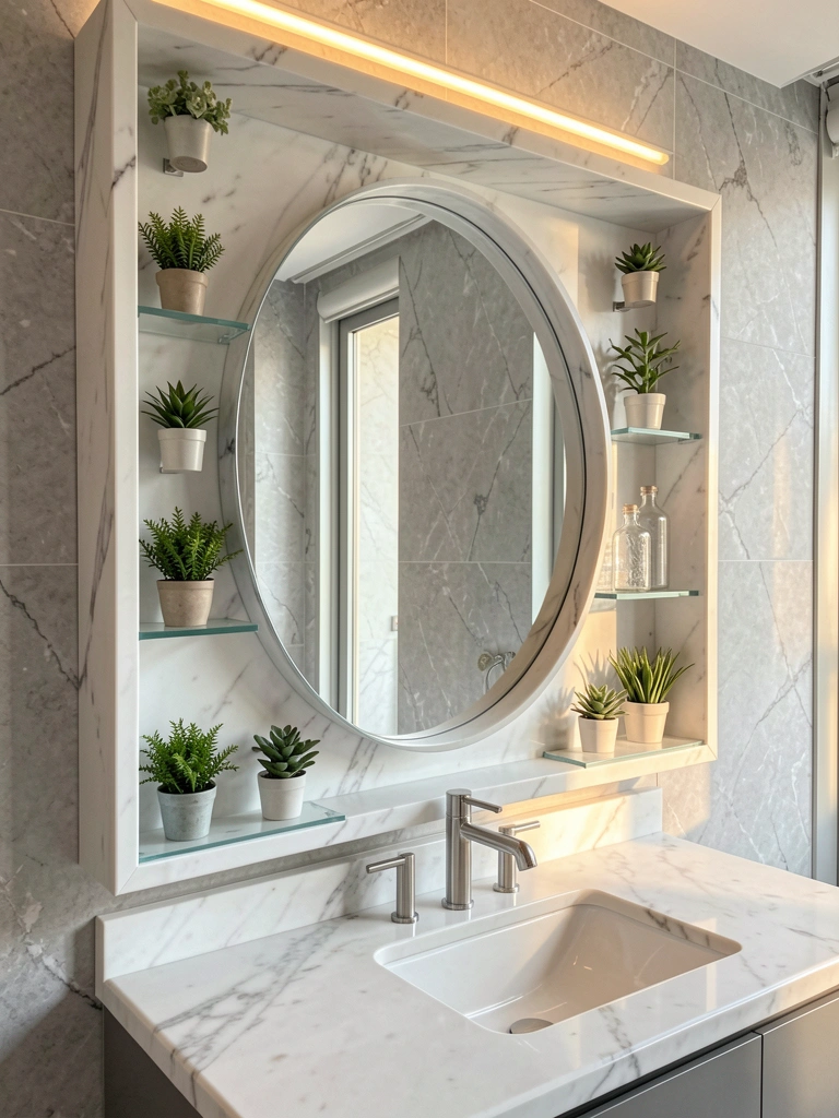 Luz natural incide sobre bancada de mármore branco com torneira cromada, espelho redondo em moldura com prateleiras e vasos de plantas.