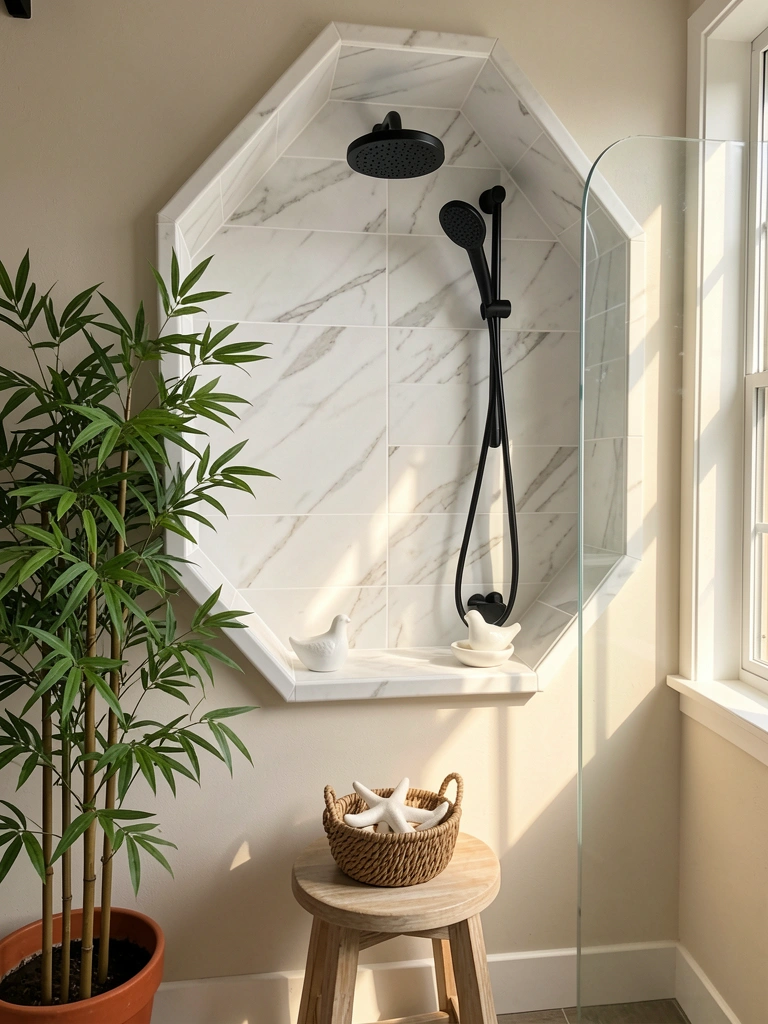 Luz natural incide sobre nicho hexagonal de mármore branco com saboneteira de cerâmica, box de vidro e chuveiro preto.